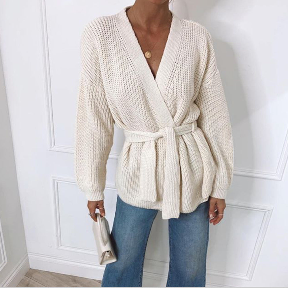 Autumn Winter Women Thick Stick Knitted Cardigan Long Sleeve Lace Bathrobe Solid Color Loose Sweater