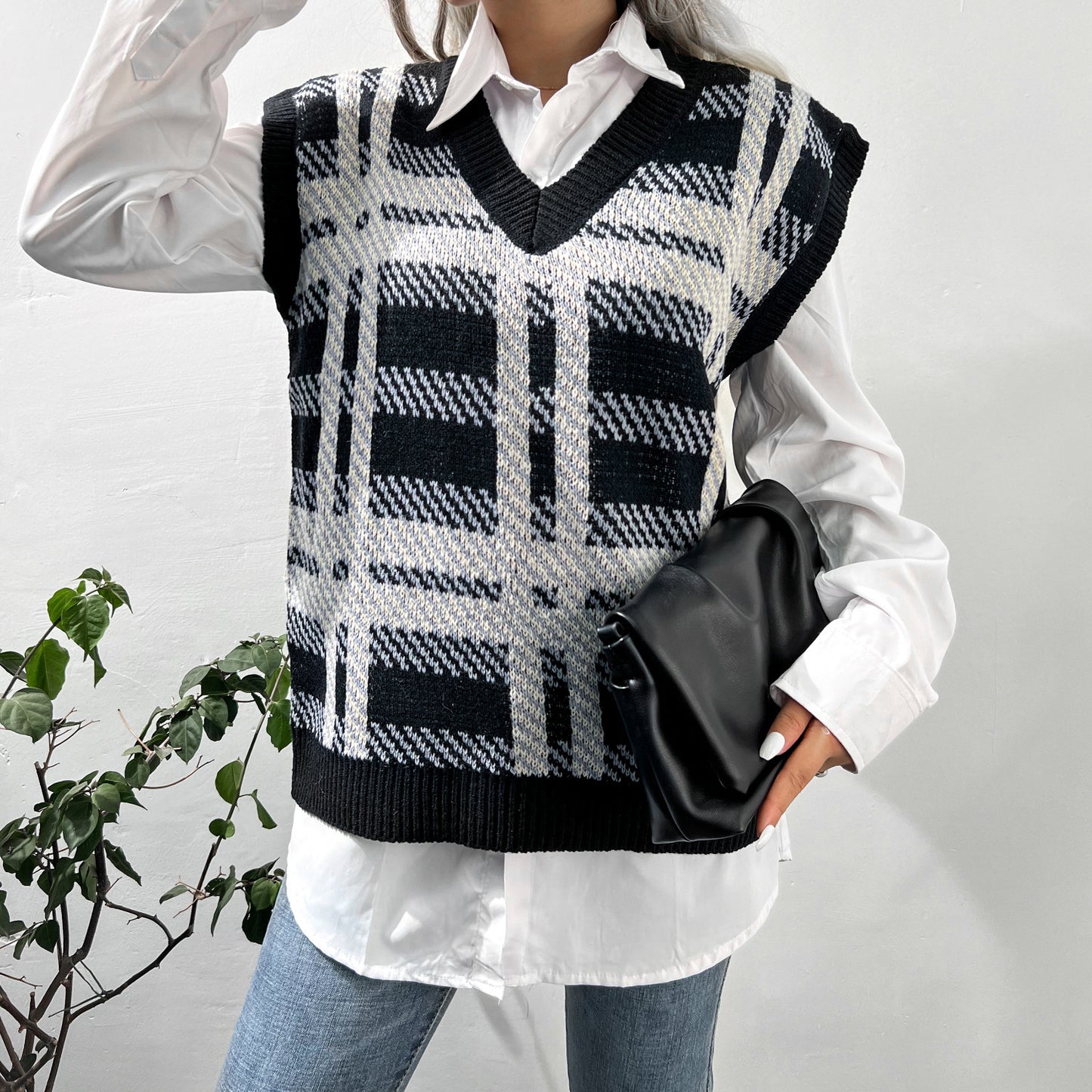 Women  Clothing Autumn Winter Knitted Vest Casual Plaid Sweater