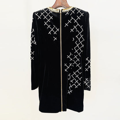 Autumn Winter Heavy Industry Embroidery Sequined Diamonds Bead Long Sleeve Gold Velvet Sheath Dress