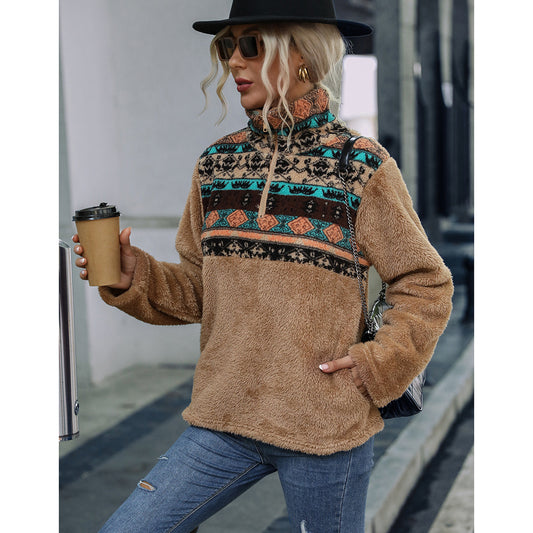 Ladies Plush Loose Pullover Multicolor Geometric Abstract Printed round Neck Long Sleeve Fleece Sweatshirt