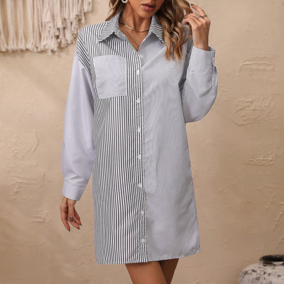 Popular Summer Loose Long Sleeve Patchwork Stripes Gray Shirt
