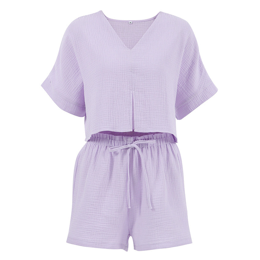 Pure Cotton Purple V Collar Batwing Sleeve Short Sleeve Pants Pajamas Set Summer Ladies Homewear