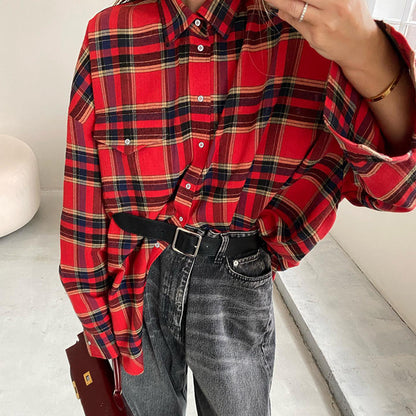 Spring  Plaid Shirt Women  Trend Retro Plaid Top Baggy Coat Women