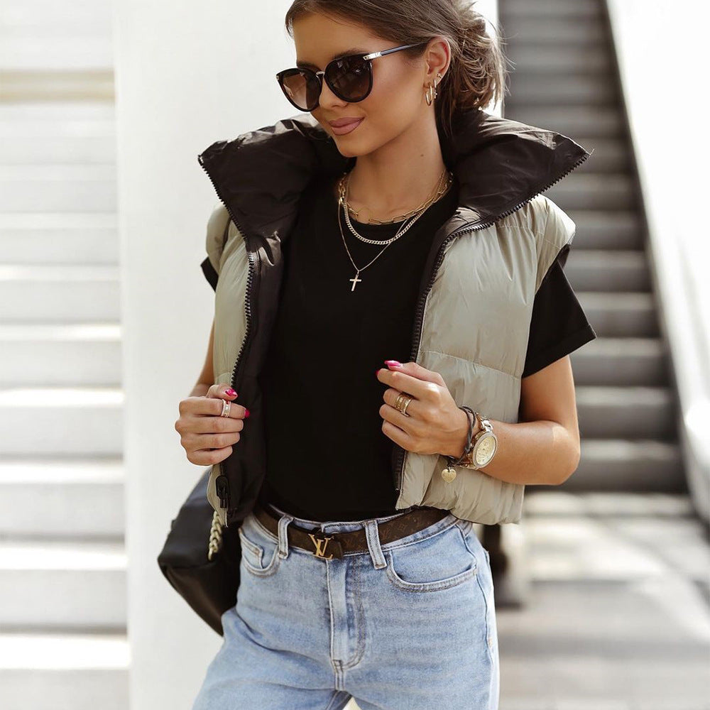 Women Vest Winter Double-Sided Cotton-Padded Jacket Stand Collar Zipper Sleeveless Short Shipment Coat