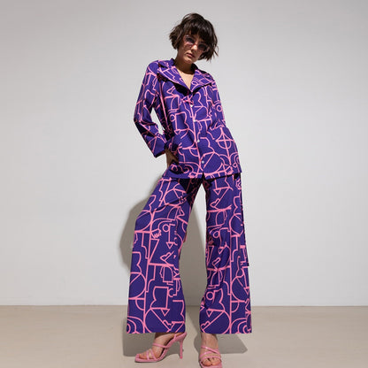 Printed Purple Printed Collared Pajama Pants Autumn Winter Pajamas Women Loose Comfortable Homewear