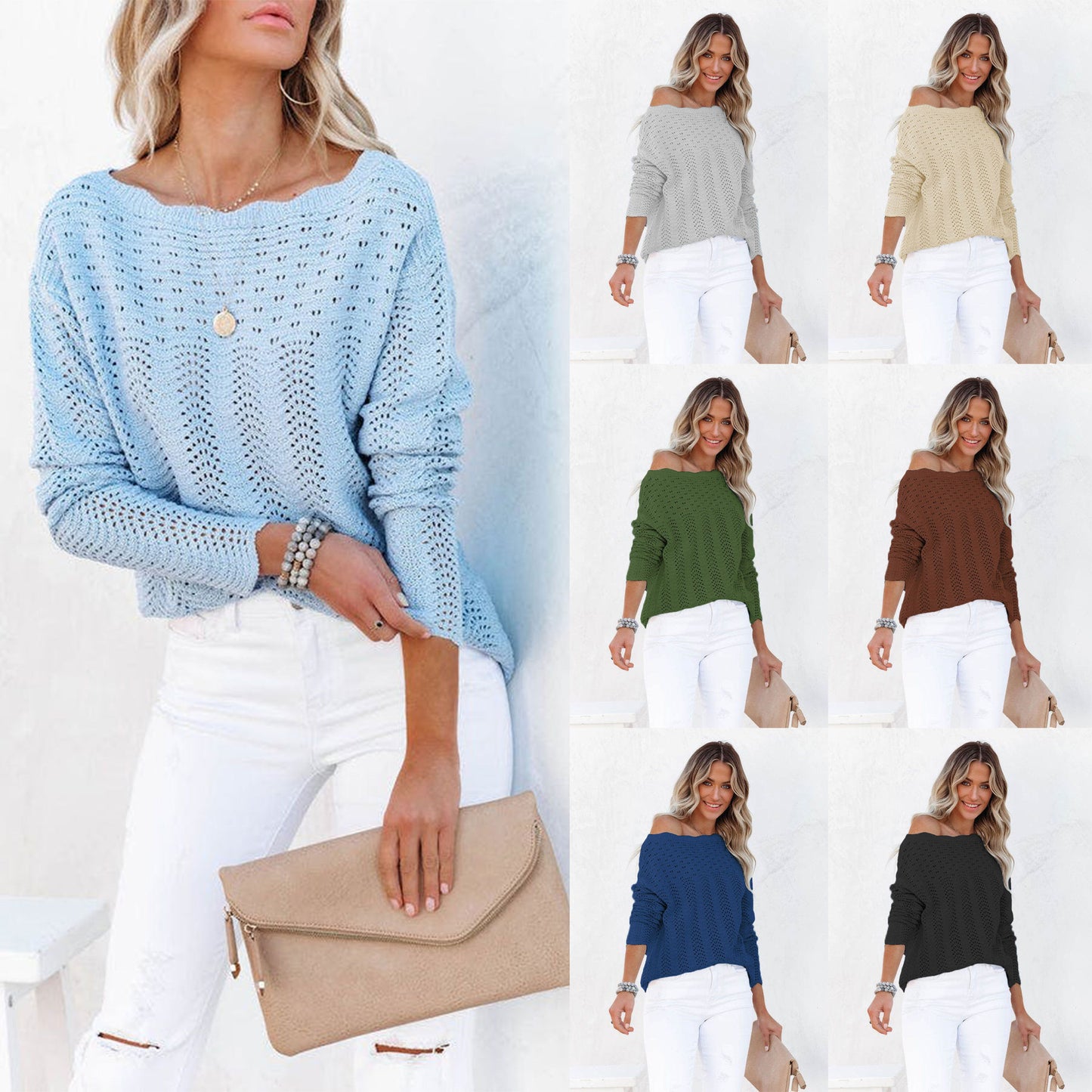 Autumn Winter Knitwear Solid Color Hollow-out Pullover Lace off-Neck Loose Sweater for Women