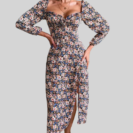 Square Collar Floral Lightly Mature Sexy Long Sleeve Waist Slimming Dress