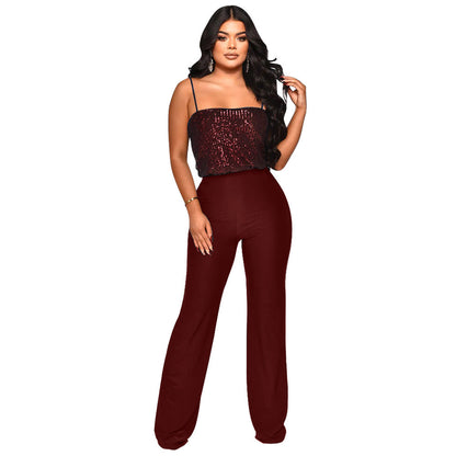 Women Pants Suspender Sequined Jumpsuit