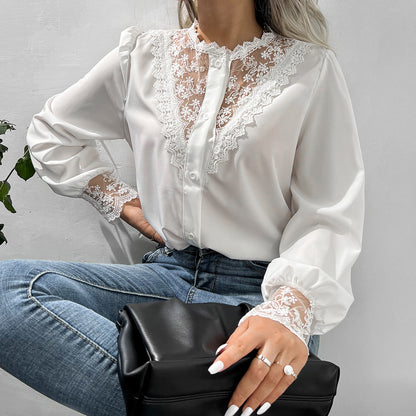 Autumn Winter Lace Shirt Lantern Sleeve Single Breasted Top