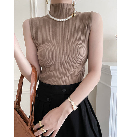 Elegant Half Turtleneck Knitted Vest Women Autumn Winter Inner Wear Bandage Sleeveless Top