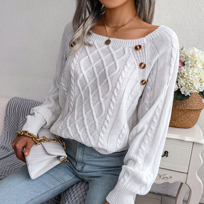 Autumn Winter Casual Square Collar Clinch Twist Knitted Pullover Sweater Women Clothing