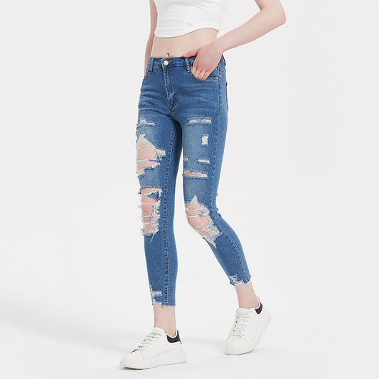 Elastic Ripped Denim Trousers Washed Skinny Skinny Hip Raise Jeans Women