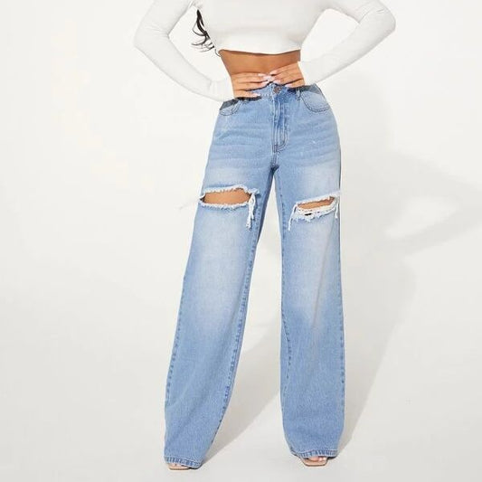 Jeans Women Ripped Washed High Waist Wide Leg Trousers Loose Jeans Pocket