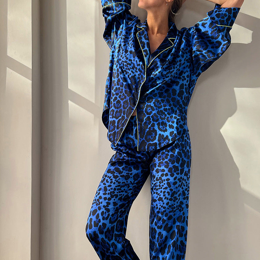 Autumn Blue Leopard Print Loose Comfortable Soft Women Pajamas Cardigan Trousers Two Piece Home Wear