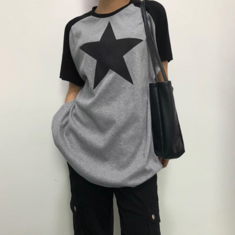 Five Pointed Star Retro Raglan Color Contrast Long Sleeve T Shirt Women Old Neutral Lazy Casual Loose Pullover Top