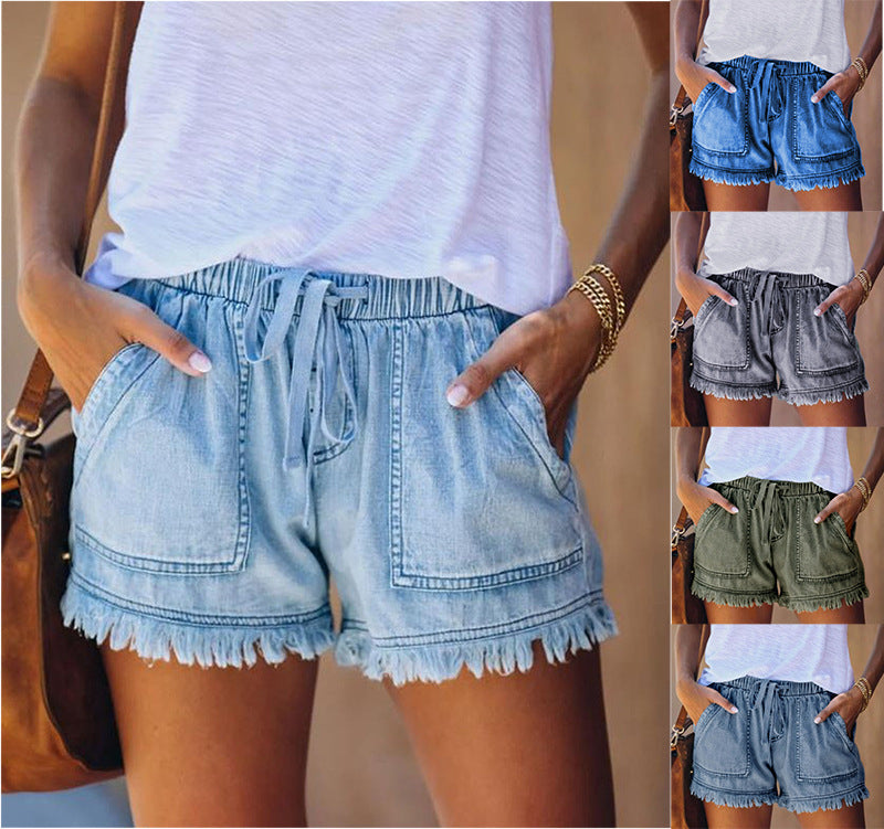 Summer New Elastic Waist Drawstring Casual High Waist Slimming Denim Shorts for Women