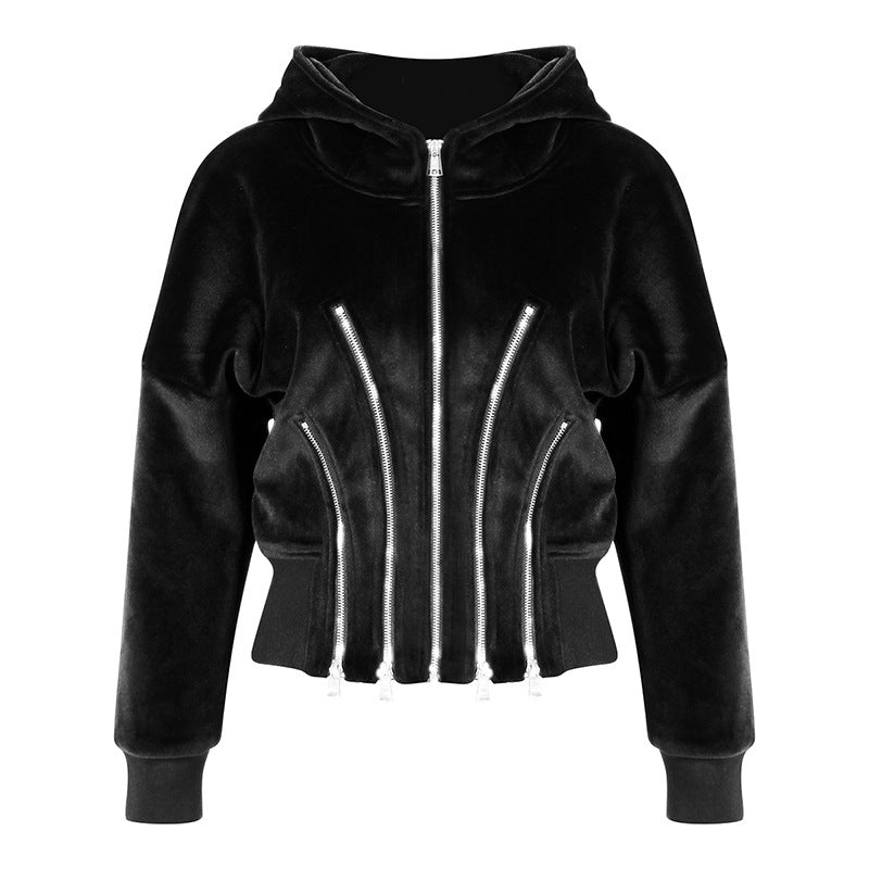 Gold Velvet Hooded  for Women Autumn Thickened Composite Multi Metal Zipper Split Waist Trimming  Women