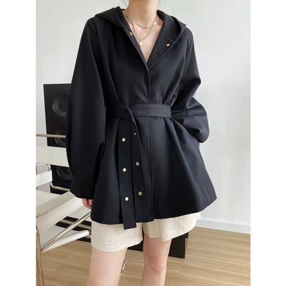 Korean Elegant  Hemline Type Waist-Controlled Lace-up Trench Coat Women Spring Autumn Profile Hooded Top