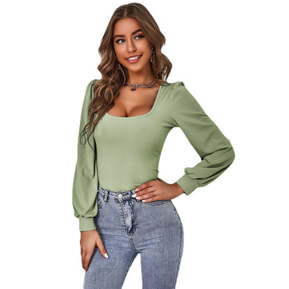 Women Clothing Waist Trimming Casual Puff Sleeve Knitted Long-Sleeved T-shirt Square Collar Slimming Top