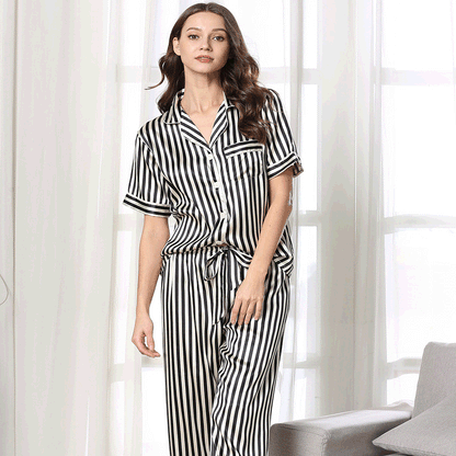 Pajamas Women Summer Short Sleeve Imitated Silk Pajamas Lace-up Trousers Cardigan Loose Home Wear