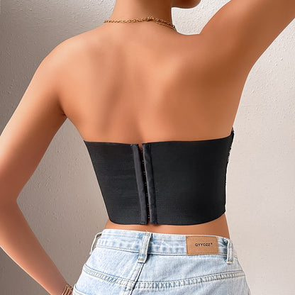 Women Clothing Sexy Low Cut Cropped Embroidery Short Top Chest Cotton Steel Ring Vest Women