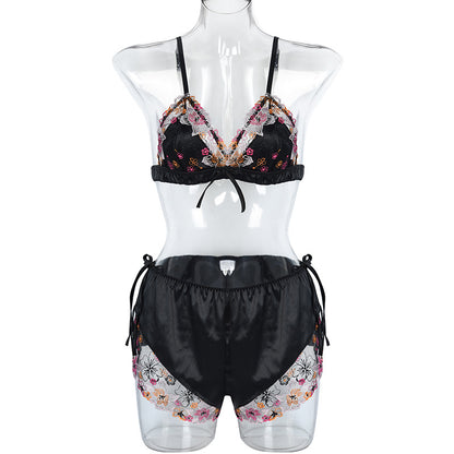 Women Summer Embroidered Silk Sexy Strap Underwear Shorts Suit Home Wear