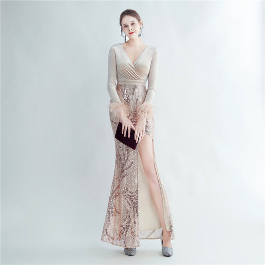 Craft Ostrich Feather Sequin Velvet Side Slit Long Sleeve Evening Dress