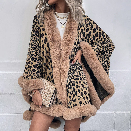 Autumn Winter Fur Collar Cape Cardigan Leopard Print Shawl Sweater  Women