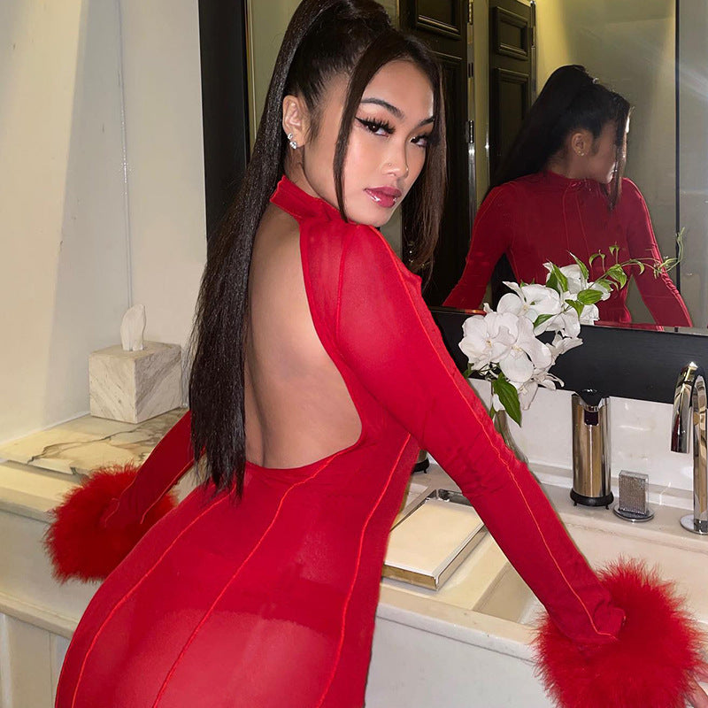 Solid Color Stand Collar Hollow Out Cutout out Backless Night Club Stitching Furry Long Sleeve Dress