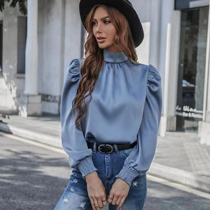 Women Shirt Autumn Arrival Elegant Half Turtleneck Bubble Long Sleeve Pleated Fit Type Women  Blouse