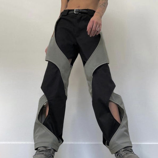 Street Chic Hollow Out Cutout Cross Design Contrast Color High Waist Woven Pants Summer High Waist Loose Casual Pants No Belt