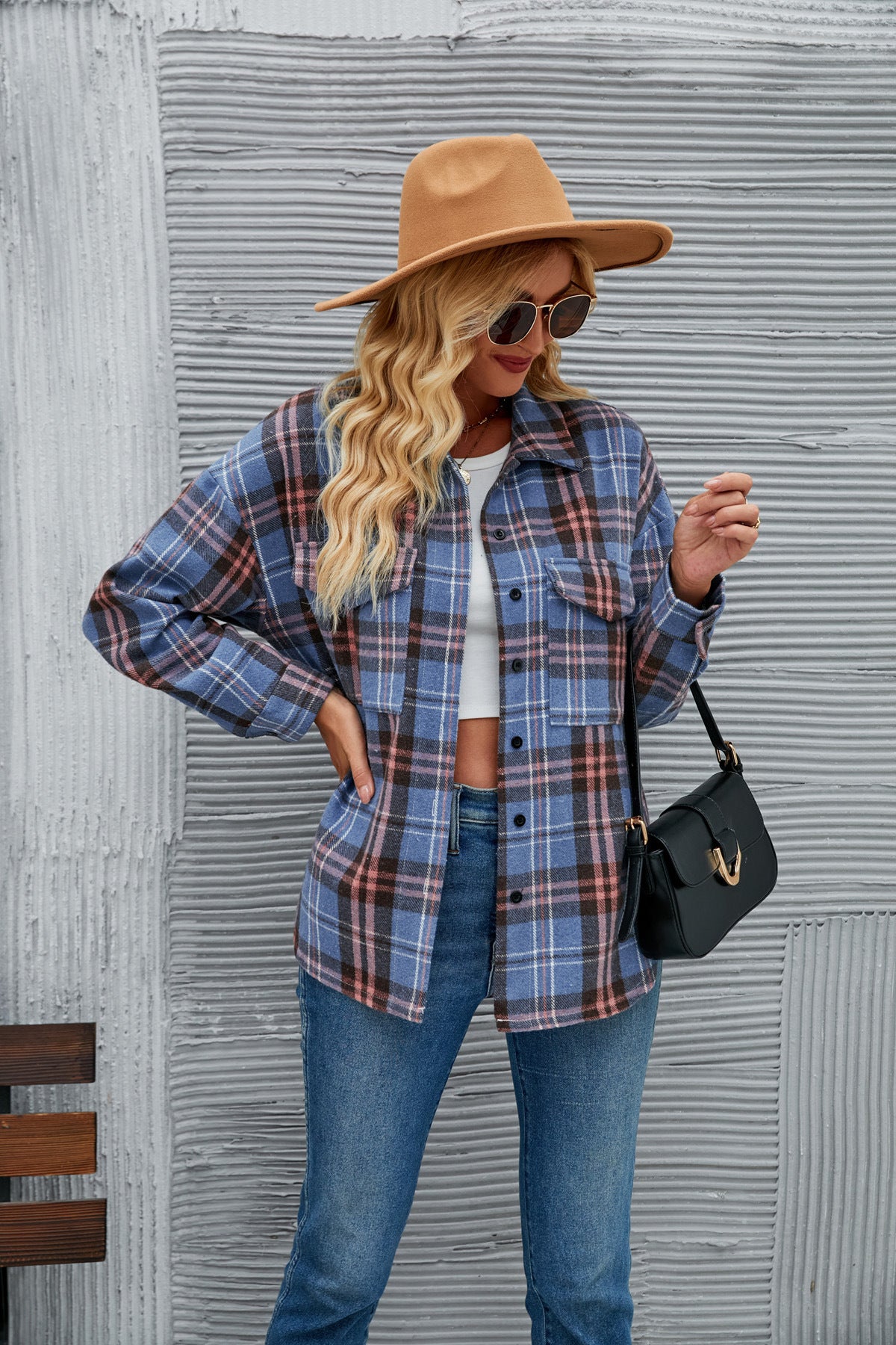 Women Casual Button Pocket Plaid Loose Woolen Coat