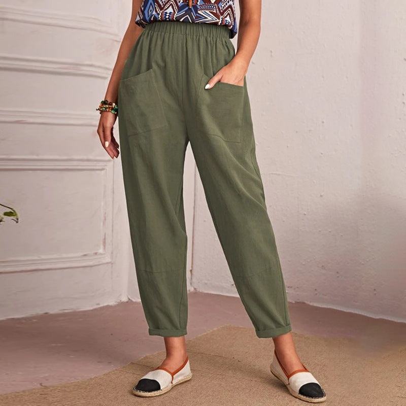 Fall High Waist Solid Color Elastic Waist with Pocket Fashionable Comfortable Skinny Pants Cropped Pants