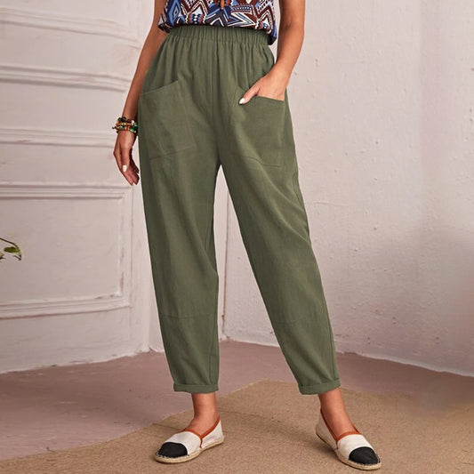 Fall High Waist Solid Color Elastic Waist with Pocket Fashionable Comfortable Skinny Pants Cropped Pants