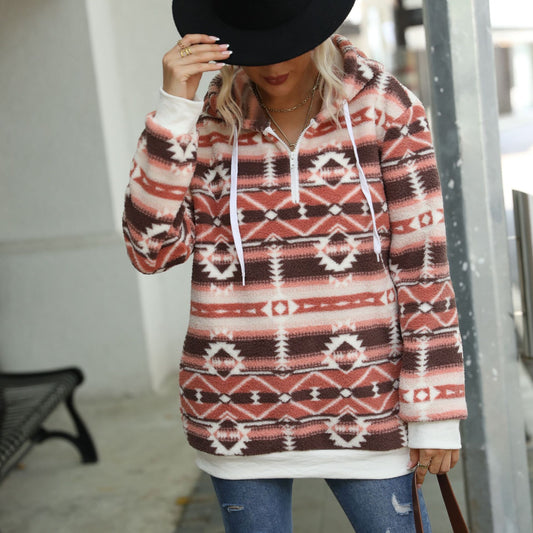 Casual Women's Autumn Clothing Pullover Hooded Fleece Lined Long Sleeve Loose Christmas Pattern Printed Zipper