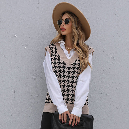 Early Autumn Women Wear Mid Length Houndstooth Sweater Vest for Women