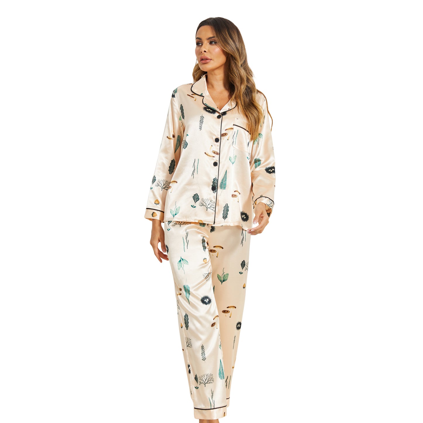 Fall Winter Ladies Home Casual Suit Artificial Silk Satin Printed Pajamas Suit Women