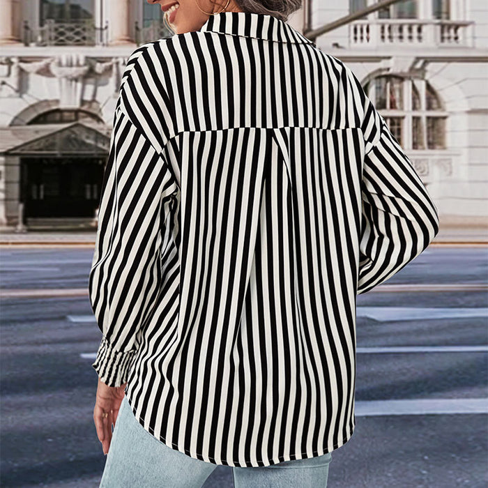 Top Long Sleeve Black White Striped Shirt Women