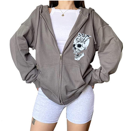 Spring Autumn Casual Hoodie Halloween Skull Print Pullover Double Hooded Top Women