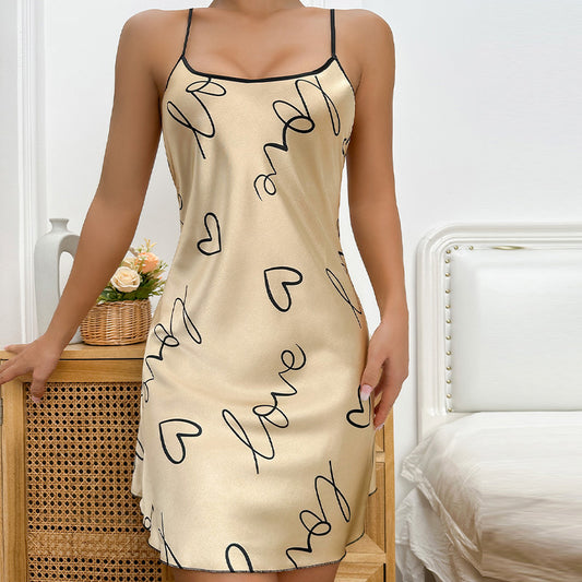 Ice Silk Nightdress Sexy Backless Slip Dress Pajamas Thin Breathable Pajamas Women Printed Short