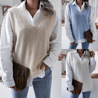 Autumn Winter  V-neck Casual Loose Knitted Sweater Vest Jacket Women Clothing