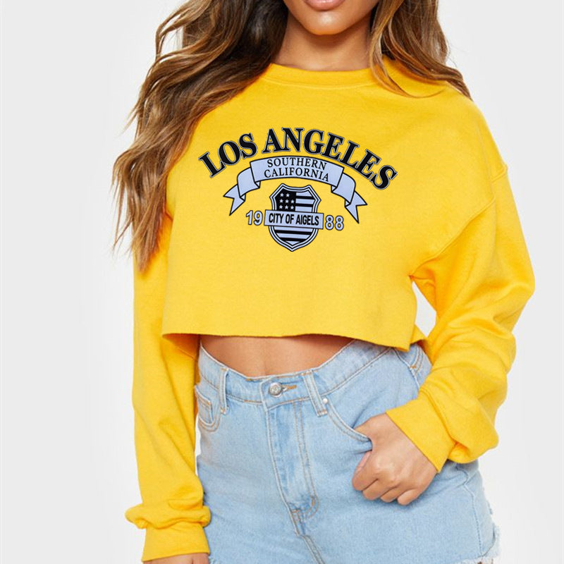 Women Clothing Autumn Winter Los Angeles Letter Graphic Printed Short Long-Sleeved Sweater