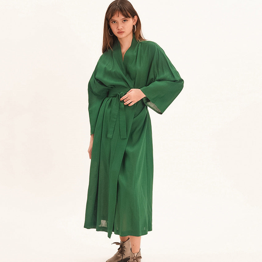 Autumn Cotton Linen Long Sleeve Nightgown Long Green Pajamas Ladies Home Bathrobe Comfortable Loose Bathrobe