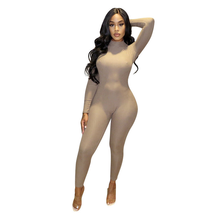 Women Clothing  Sexy Tight Threaded Tight Long Sleeve Jumpsuit Women