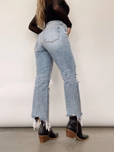 Women  Retro High Waist Ripped Straight Jeans
