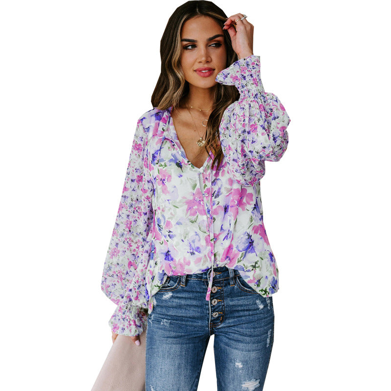 Chiffon Shirt Cardigan Spring Summer Loose Floral Pattern Lantern Sleeve Top for Women