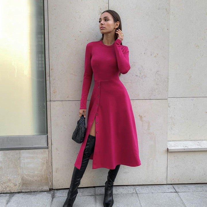 Spring Autumn  Women Clothing Long  Slit Graceful Fashionable Tight Waist Slim-Fit Long Sleeve Milk Silk Dress