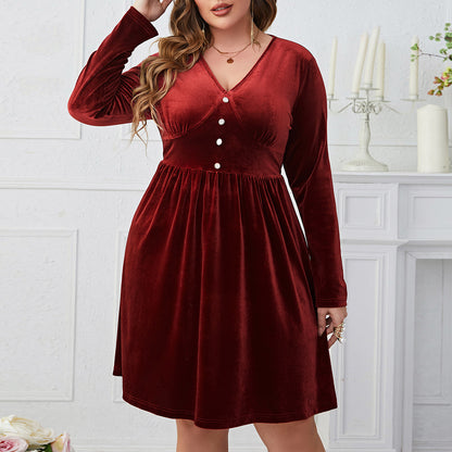 Popular Dark Red V neck Slimming High Waist Long Sleeves Dress