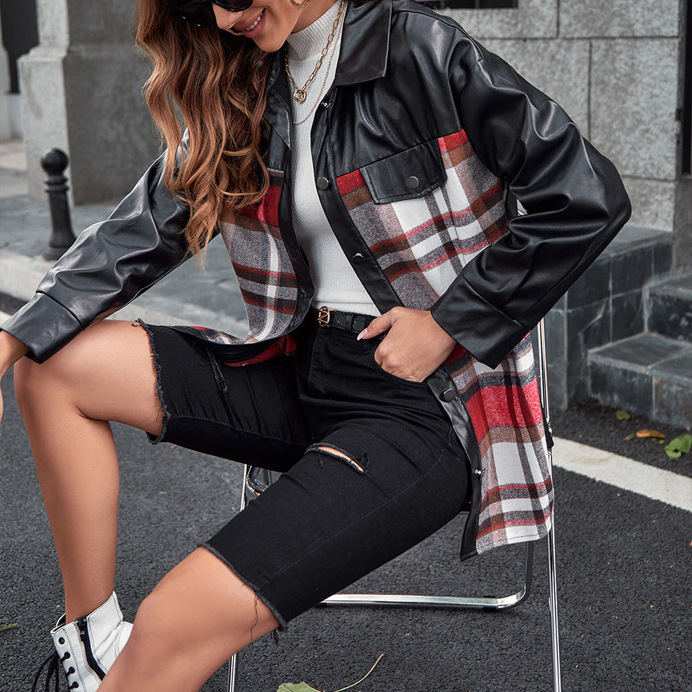 Autumn Casual Long Sleeve Collared Plaid Shacket Coat Women