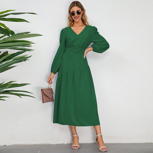 Women Clothing Autumn Winter V Neck Solid Color Tied Dress Solid Color Slim Fit Maxi Dress